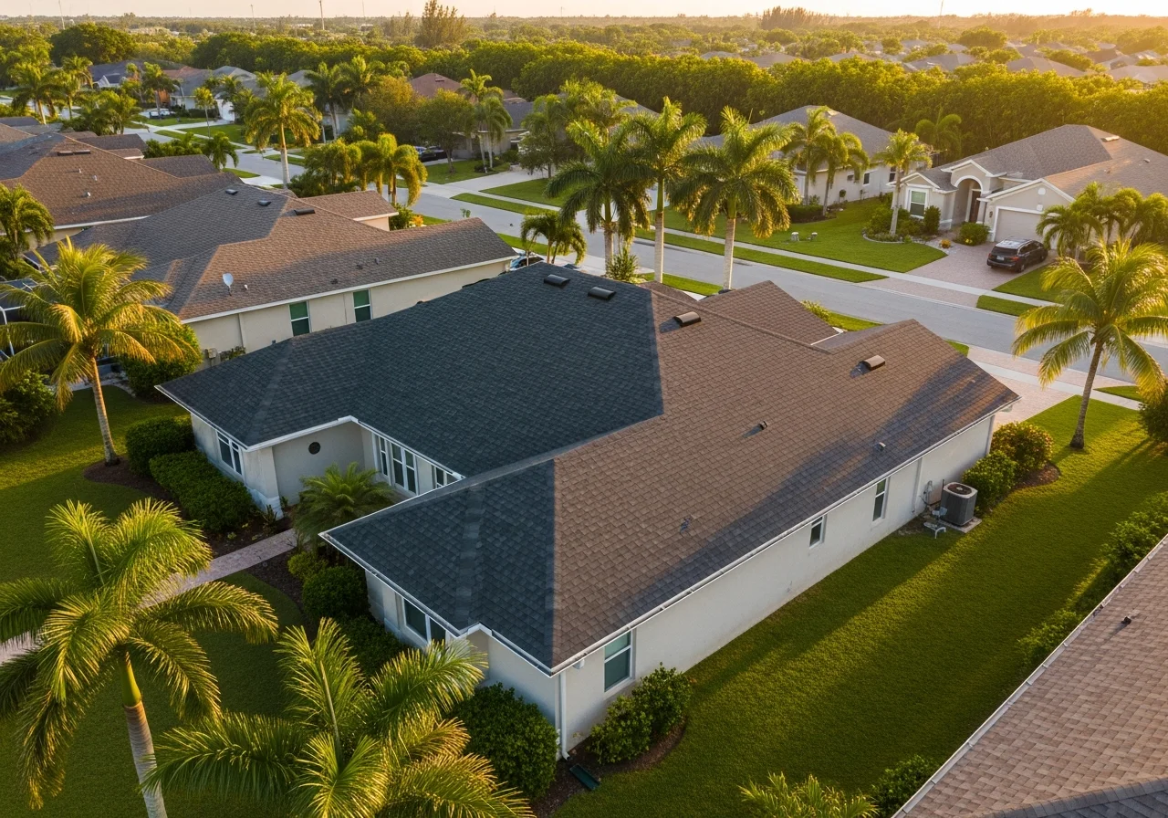 Aerial view of a completed roofing project in Fort Myers FL